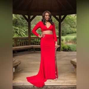 Sherri Hill Red Two-piece Long-sleeve Prom Dress Style 50920